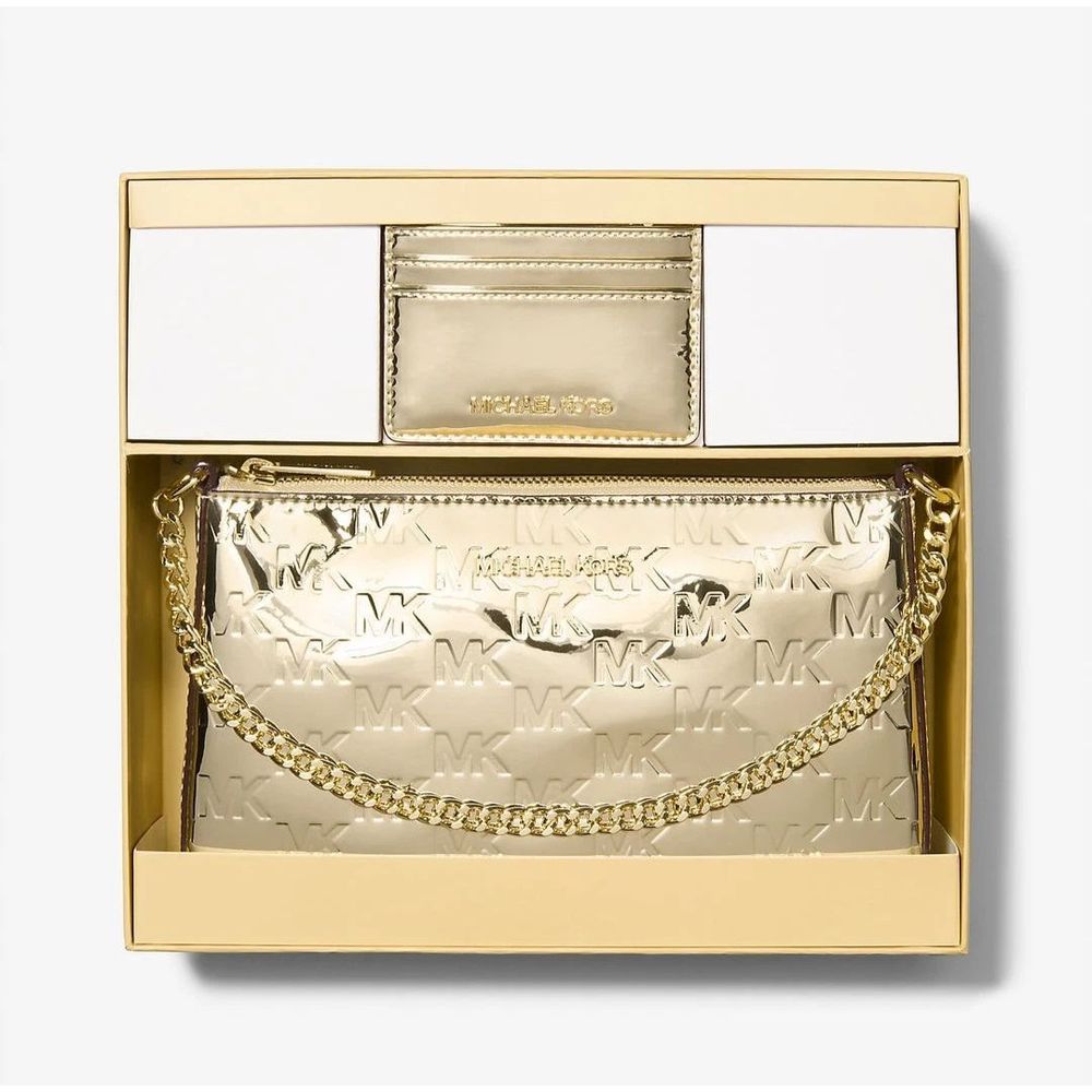 Michael Kors - Glamorous Embossed Logo Canvas Clutch with Chain Strap - Gold Michael Kors