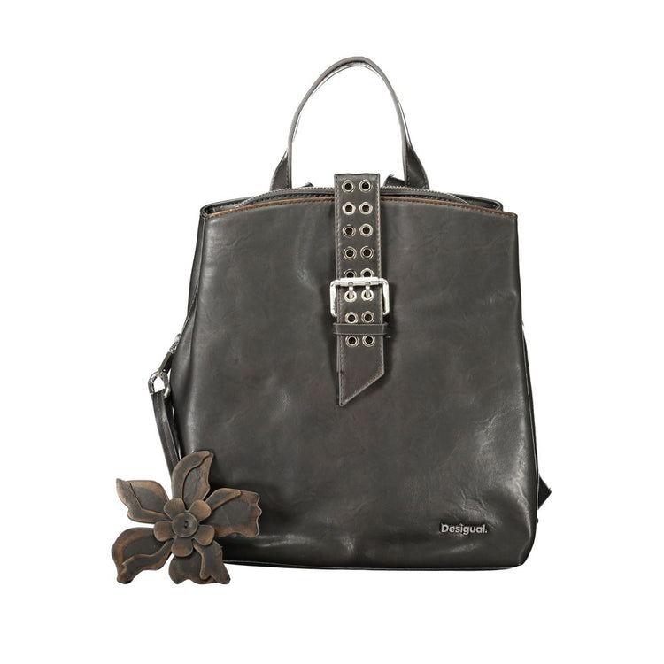Desigual - Edgy PU Leather Convertible Backpack with Floral Charm - Black Desigual