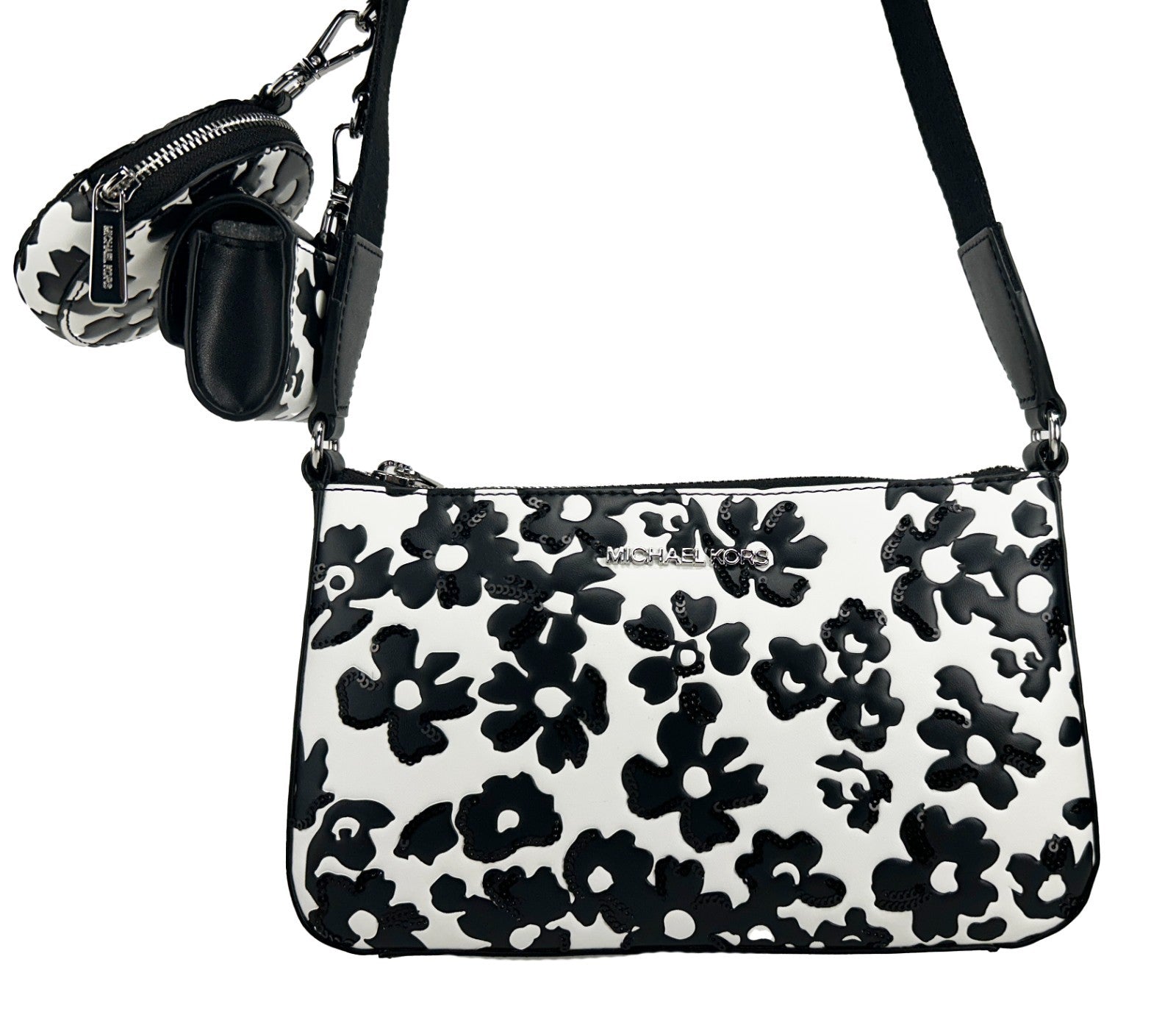 Michael Kors - Chic Floral Leather Crossbody Tech Attachment Bag - White Black Michael Kors