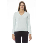 Baldinini Trend - Elegant Ribbed Trim Cashmere Blend V-Neck Sweater - Light Blue Baldinini Trend