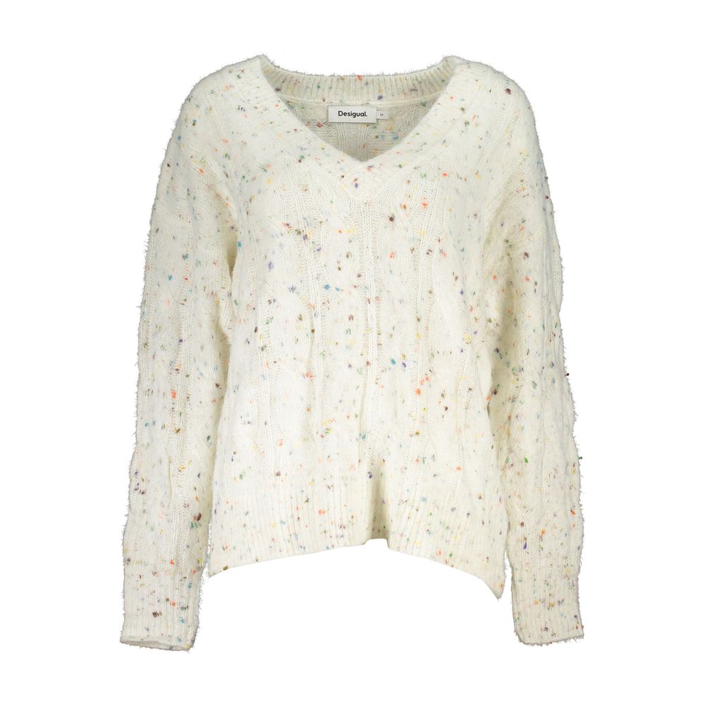 Desigual - Soft Cable Knit Relaxed V-Neck Sweater - White Desigual
