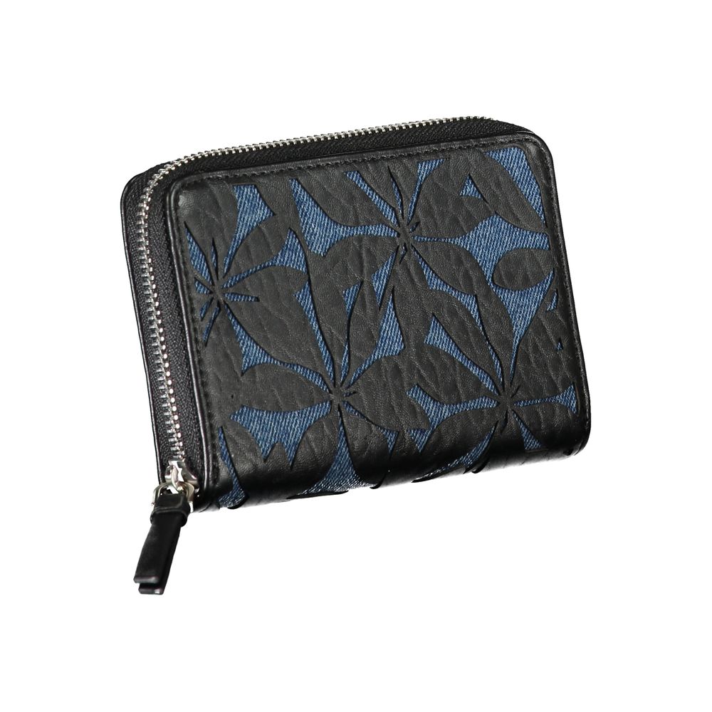Desigual - Textured Embossed Floral Zip Wallet - Black Blue Desigual