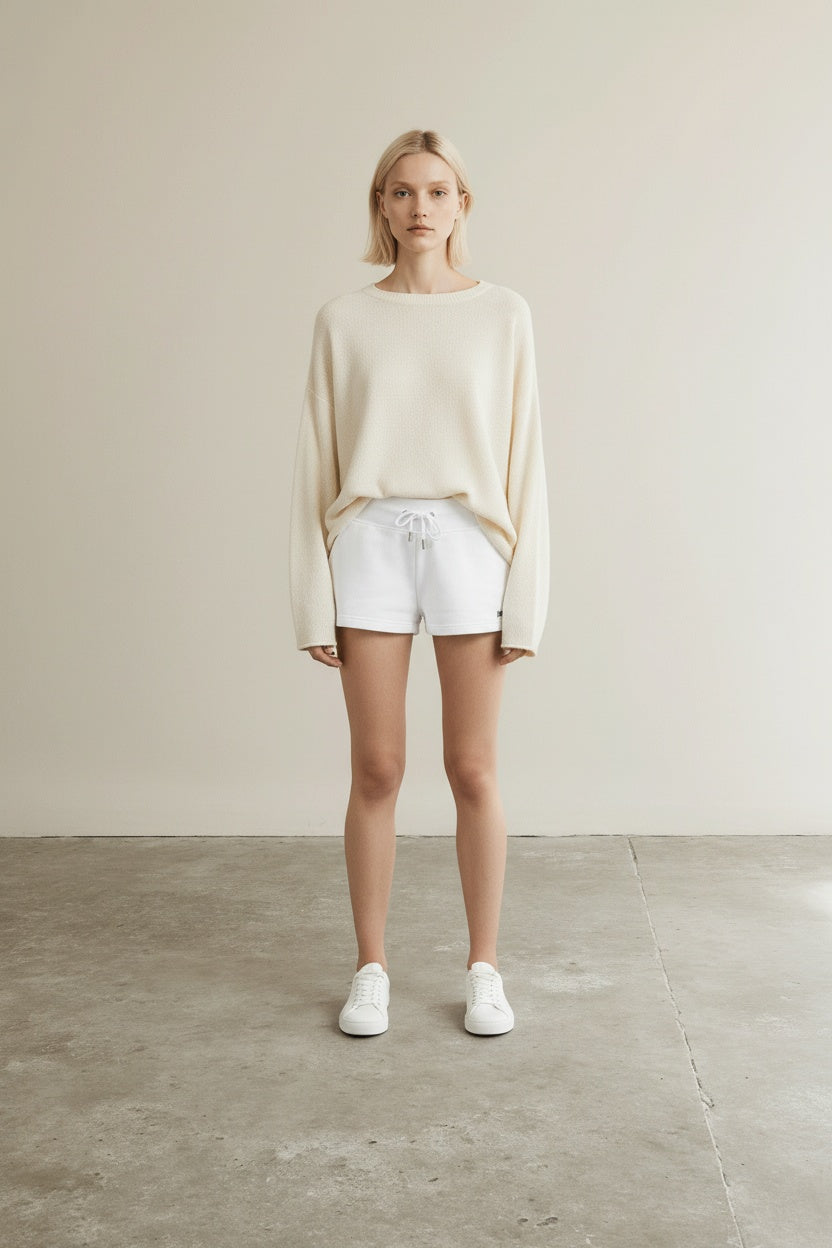 Full body view of the model wearing Just Cavalli - Relaxed Cotton Sweat Shorts with Logo Detail - White
